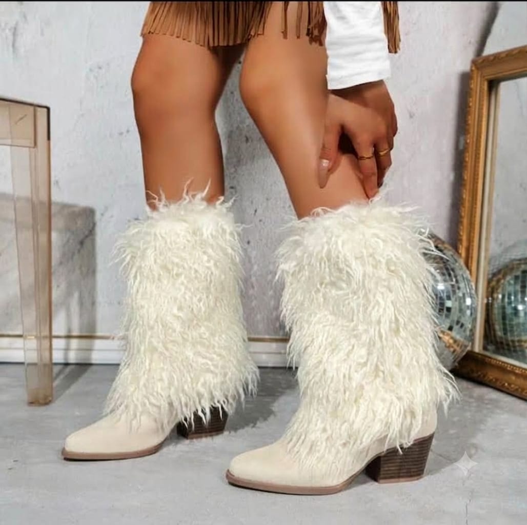 Mid-Calf Cream Retro Western Boots UK-5.5