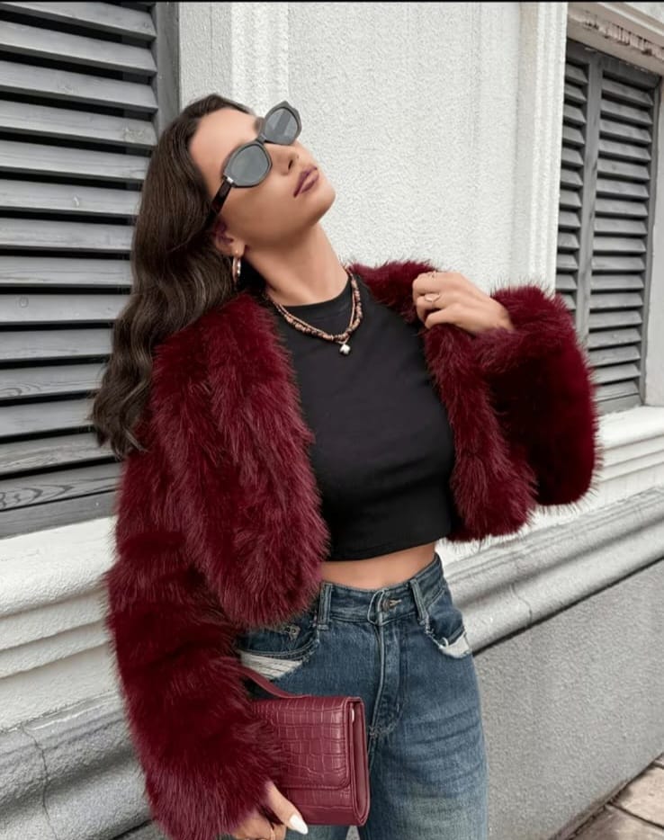Light Burgundy Faux Fox Coat UK-16