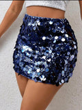 Navy Blue Sequin Bodycon Mini Skirt  UK-16