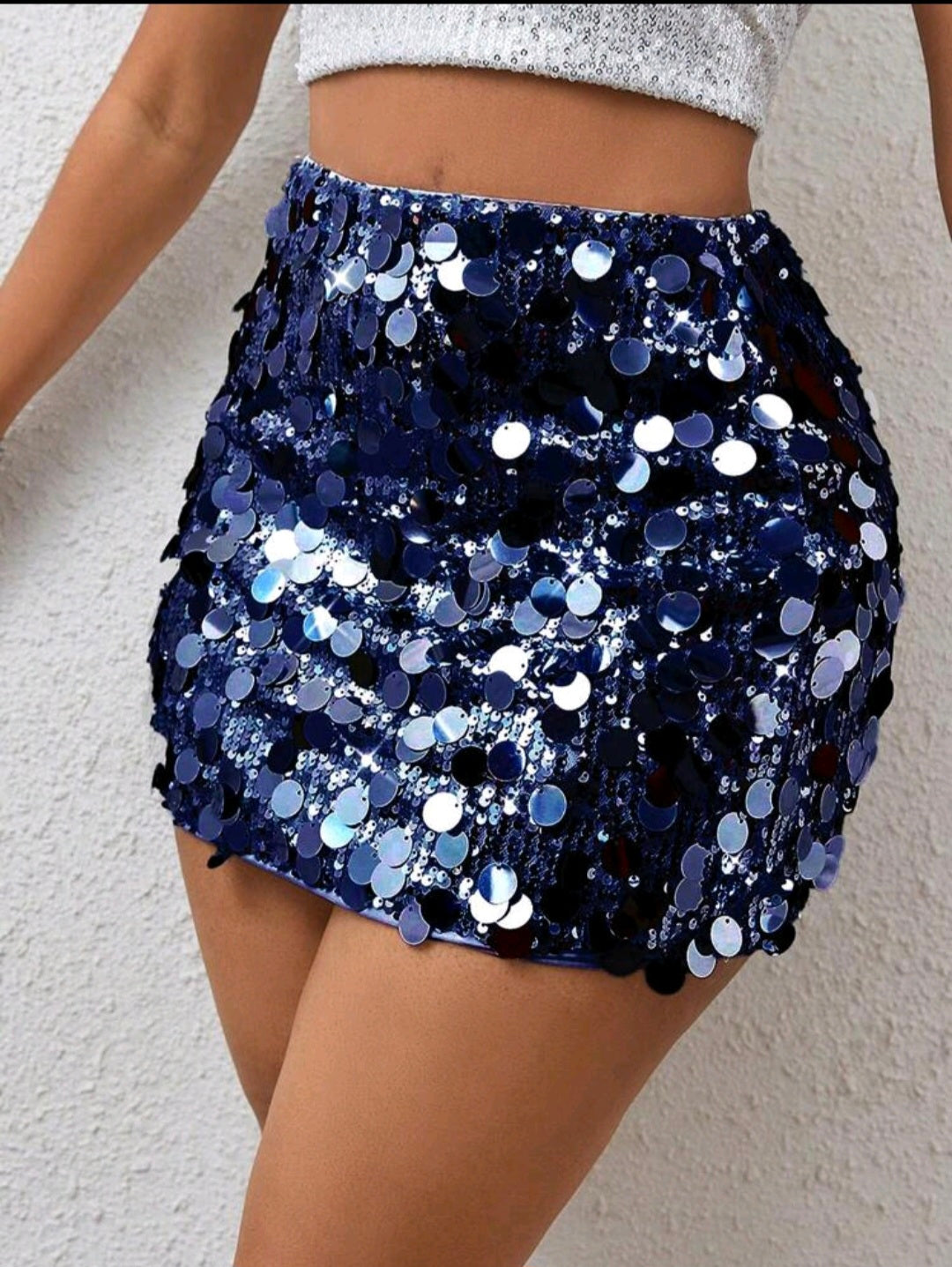 Navy Blue Sequin Bodycon Mini Skirt  UK-16