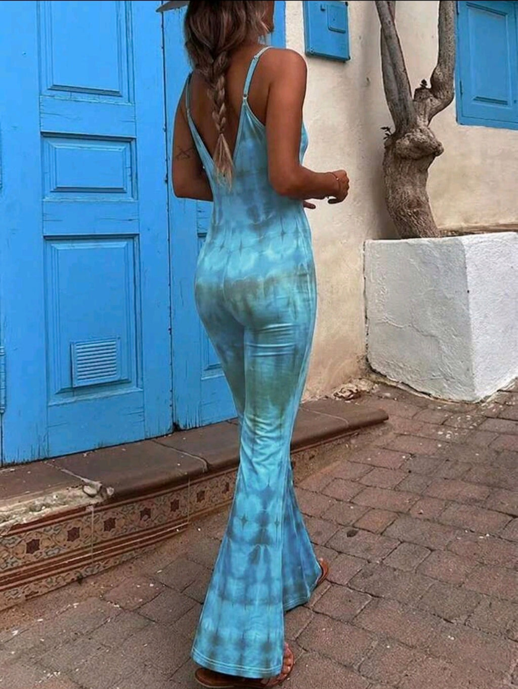 Tie-Front, Blue Tye-Dye Flared Jumpsuit UK-8