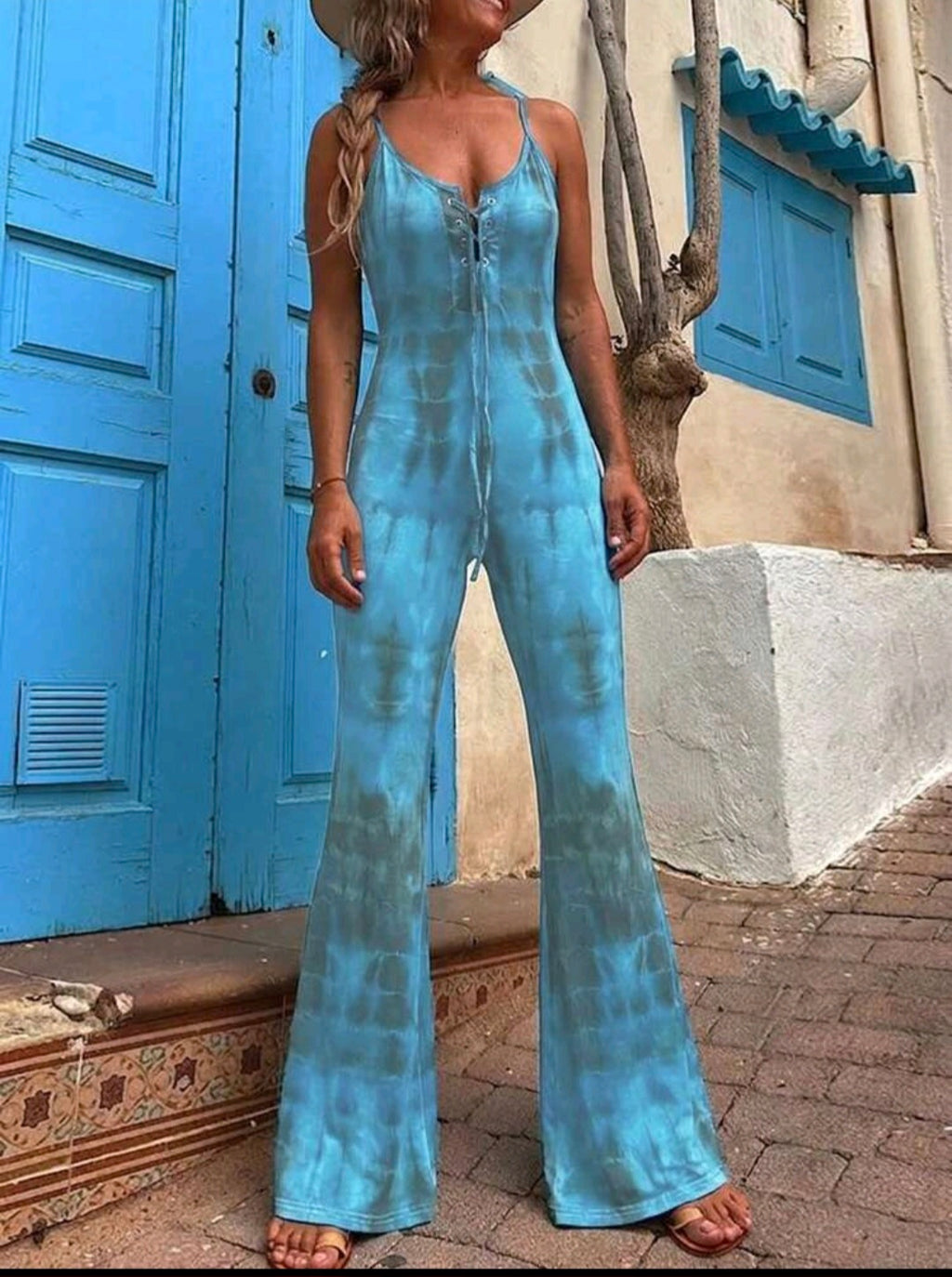 Tie-Front, Blue Tye-Dye Flared Jumpsuit UK-8