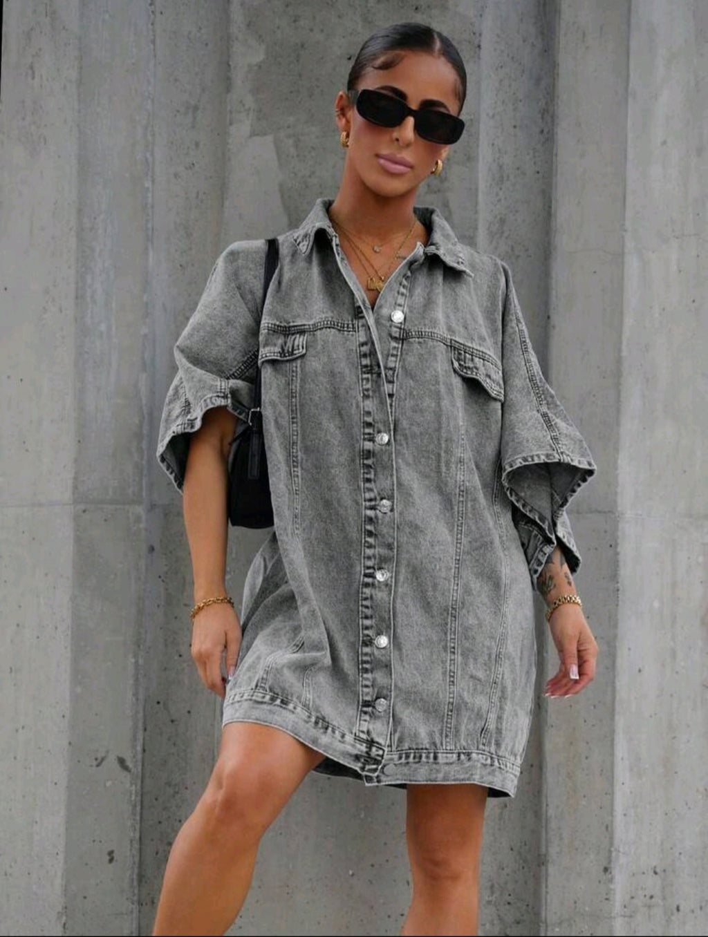 Grey Denim Mini Dress UK-16