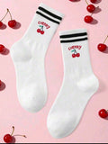 1 Pair Of White Cherry Pattern Socks