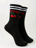 1 Pair Of Black Cherry Pattern Socks