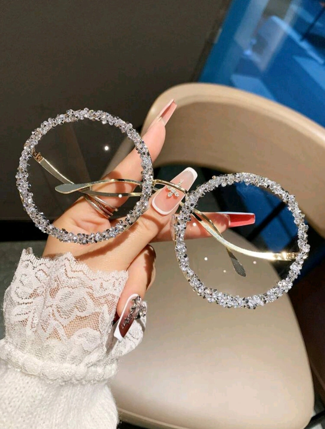 Oversized Clear, Round Shades With Rhinestones