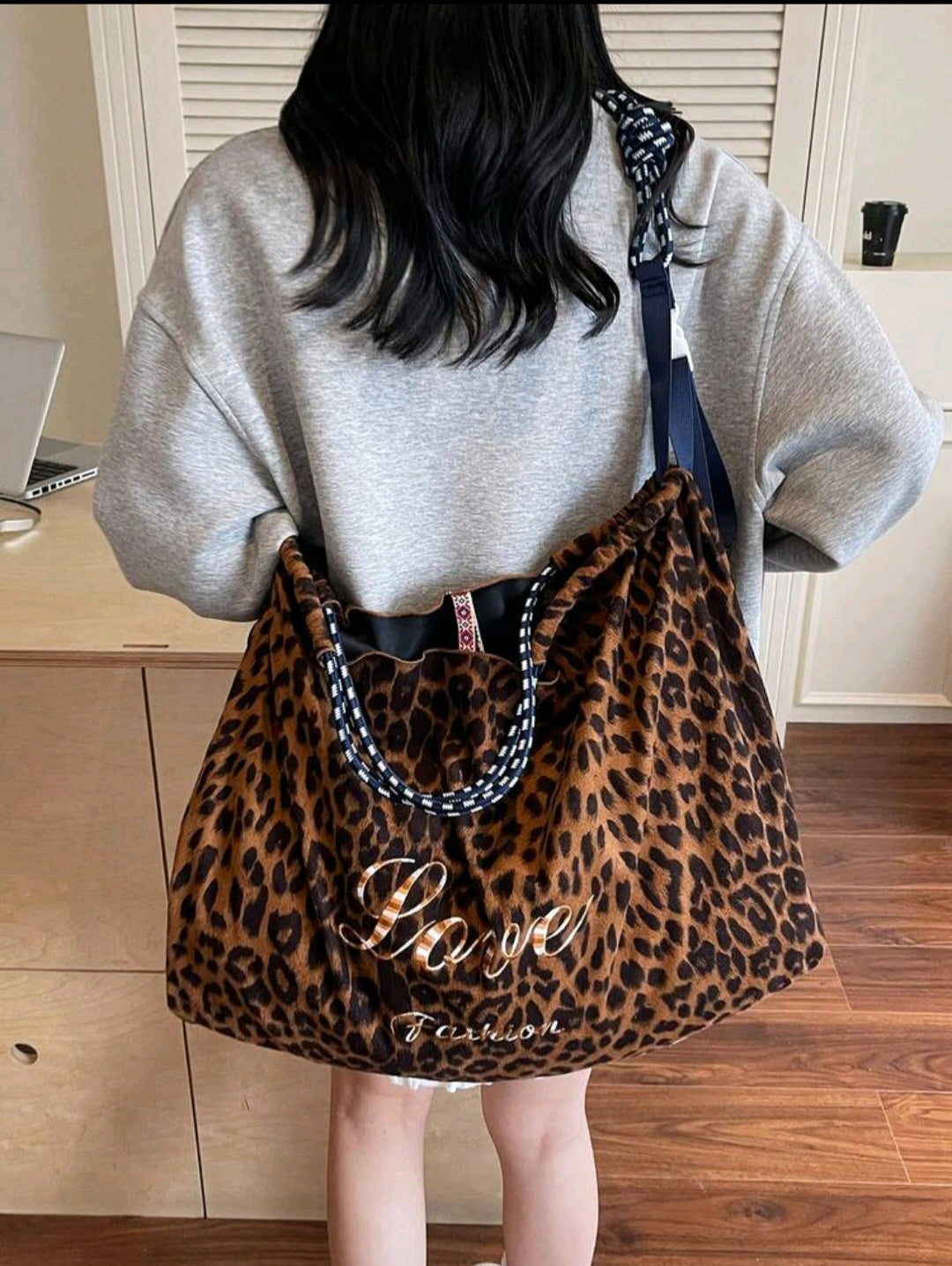 Leopard Print Shoulder Bag With Blue/White Strap B