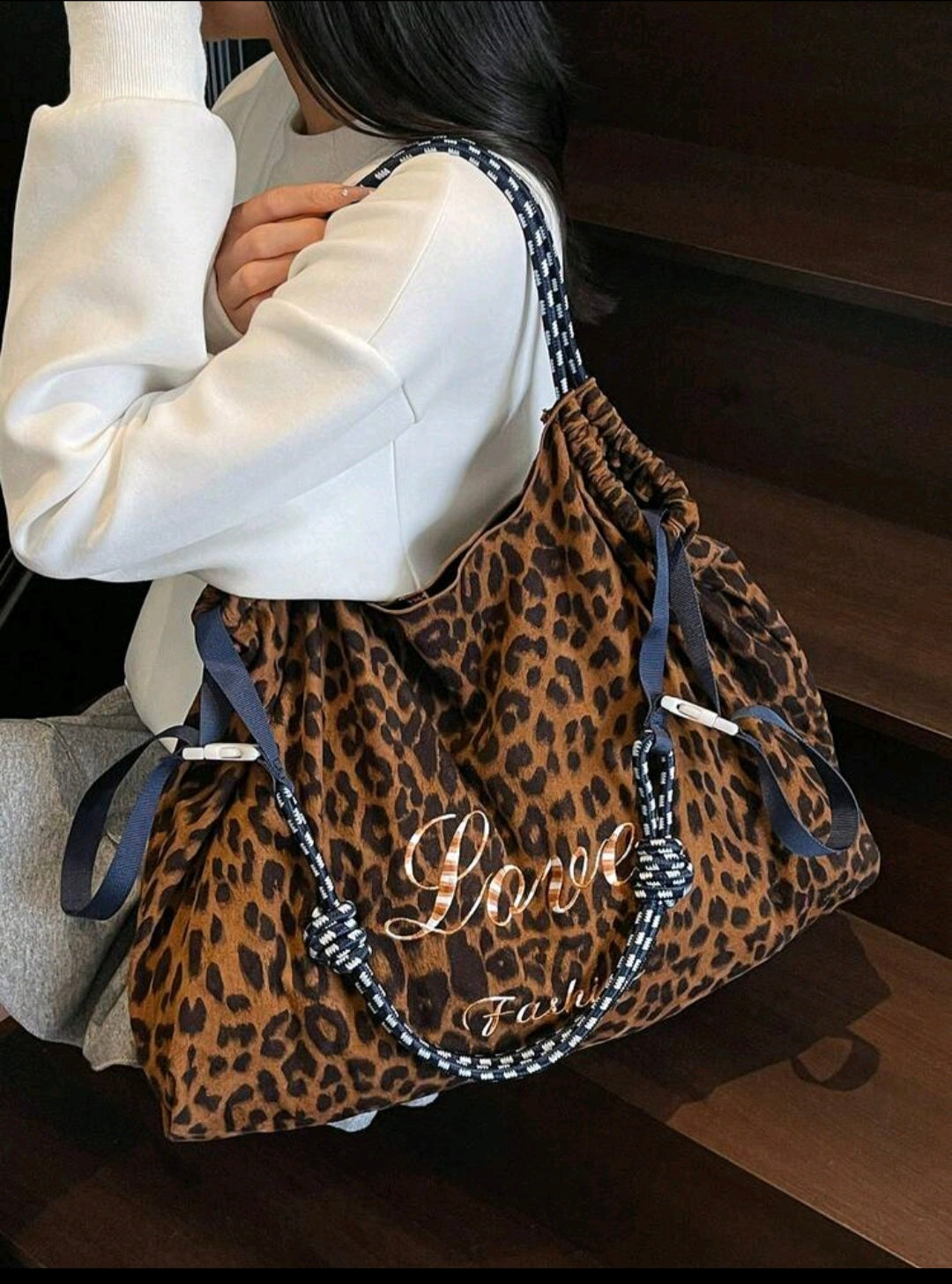 Leopard Print Shoulder Bag With Blue/White Strap B
