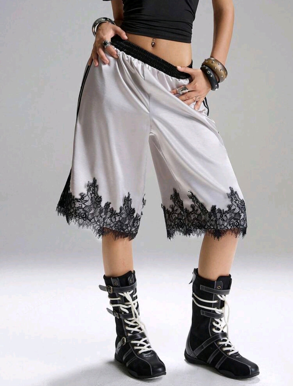 Contrast, Loose Shorts With Black Lace Trim UK-16