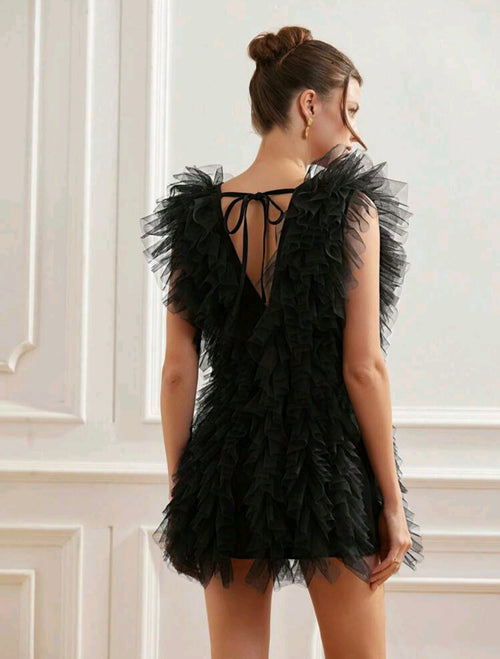 Black 3D Frill, Sleeveless, Mini Dress UK -8