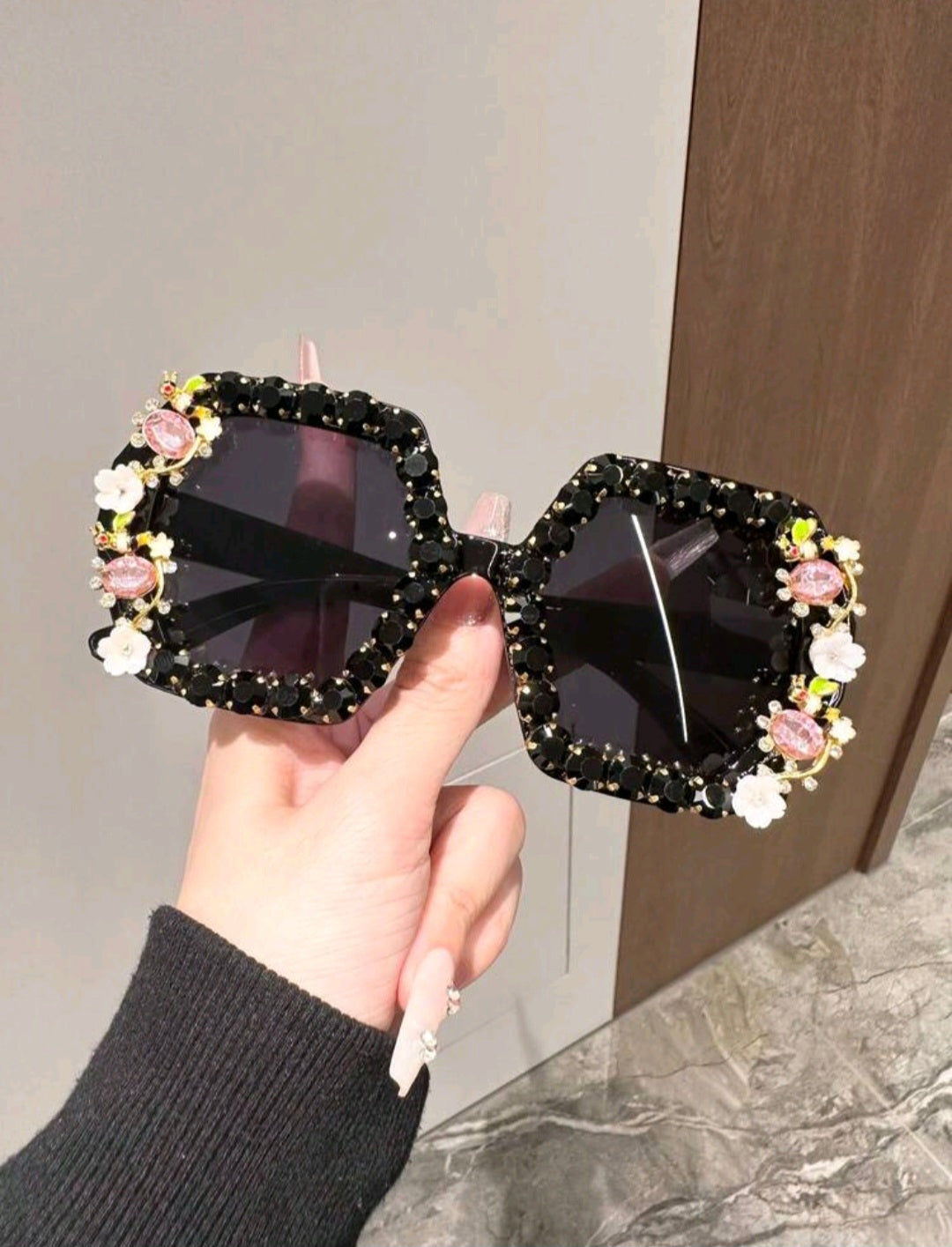 Hexagon Shaped Black Glasses Adorned With Flowers