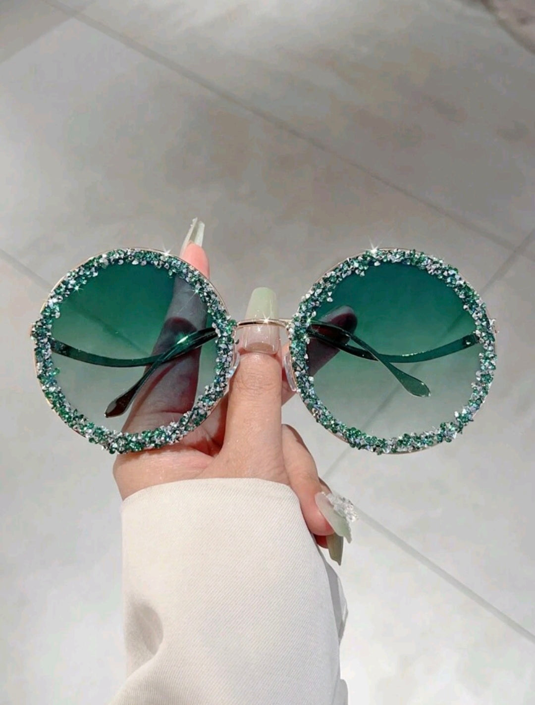Oversized Green, Round Shades With Rhinestone B