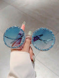 Oversized Blue, Round Shades With Rhinestone A