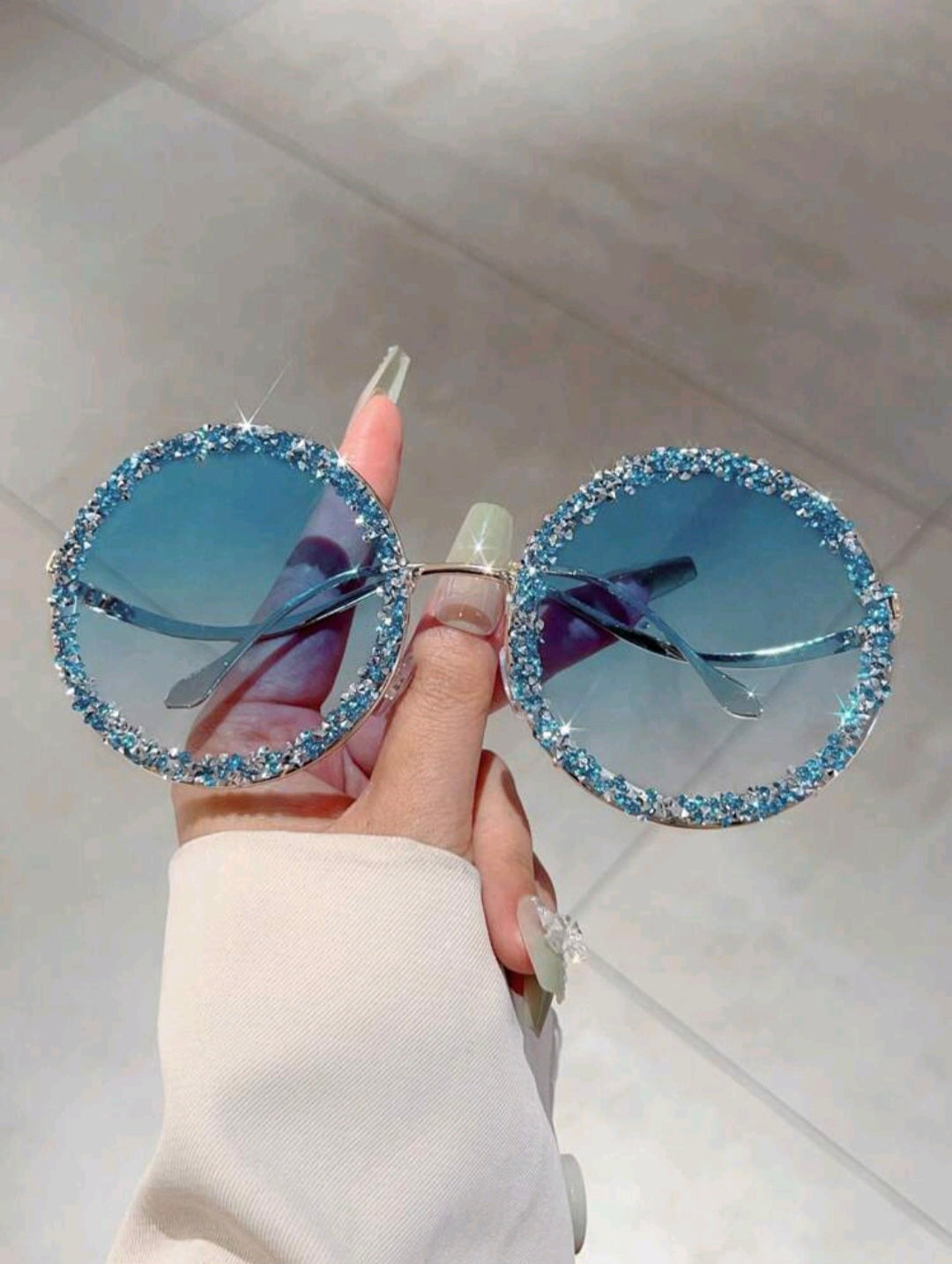 Oversized Blue, Round Shades With Rhinestone A