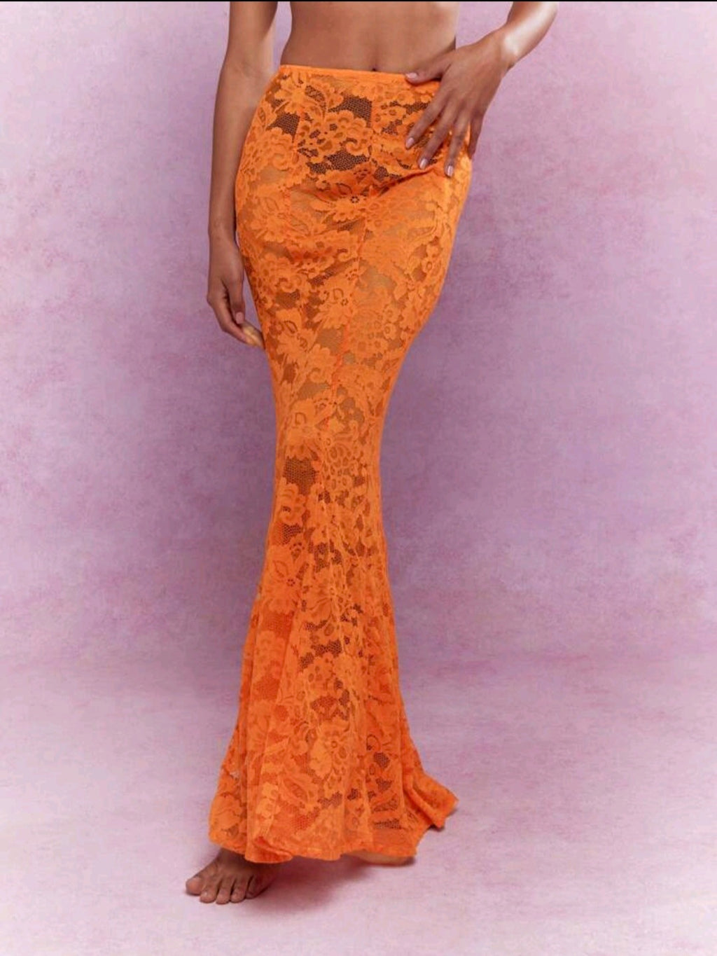 Sheer, Mesh Lace, Orange Maxi Skirt UK- 8