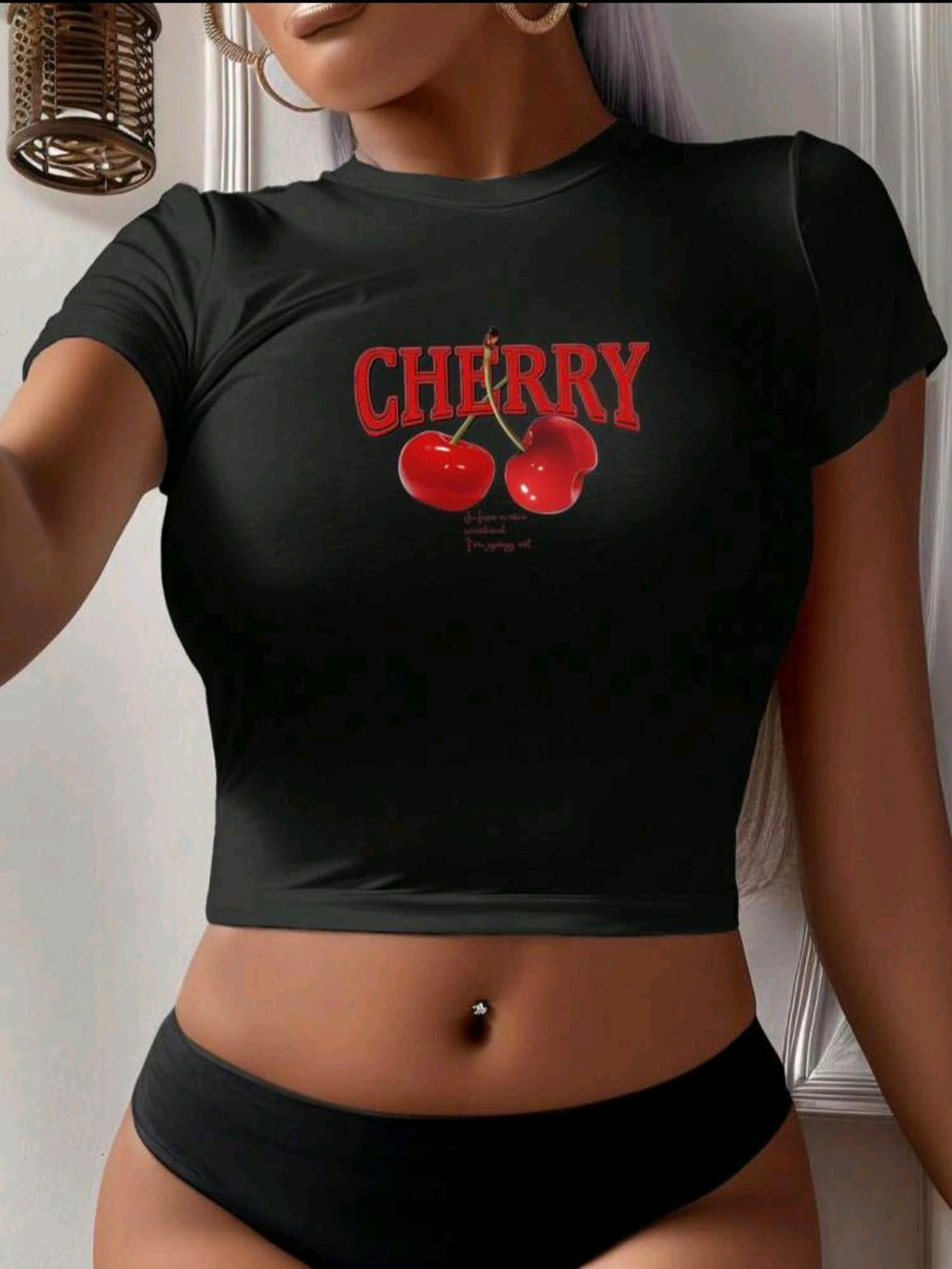 Cherry Print, Black Crop Tee UK-10