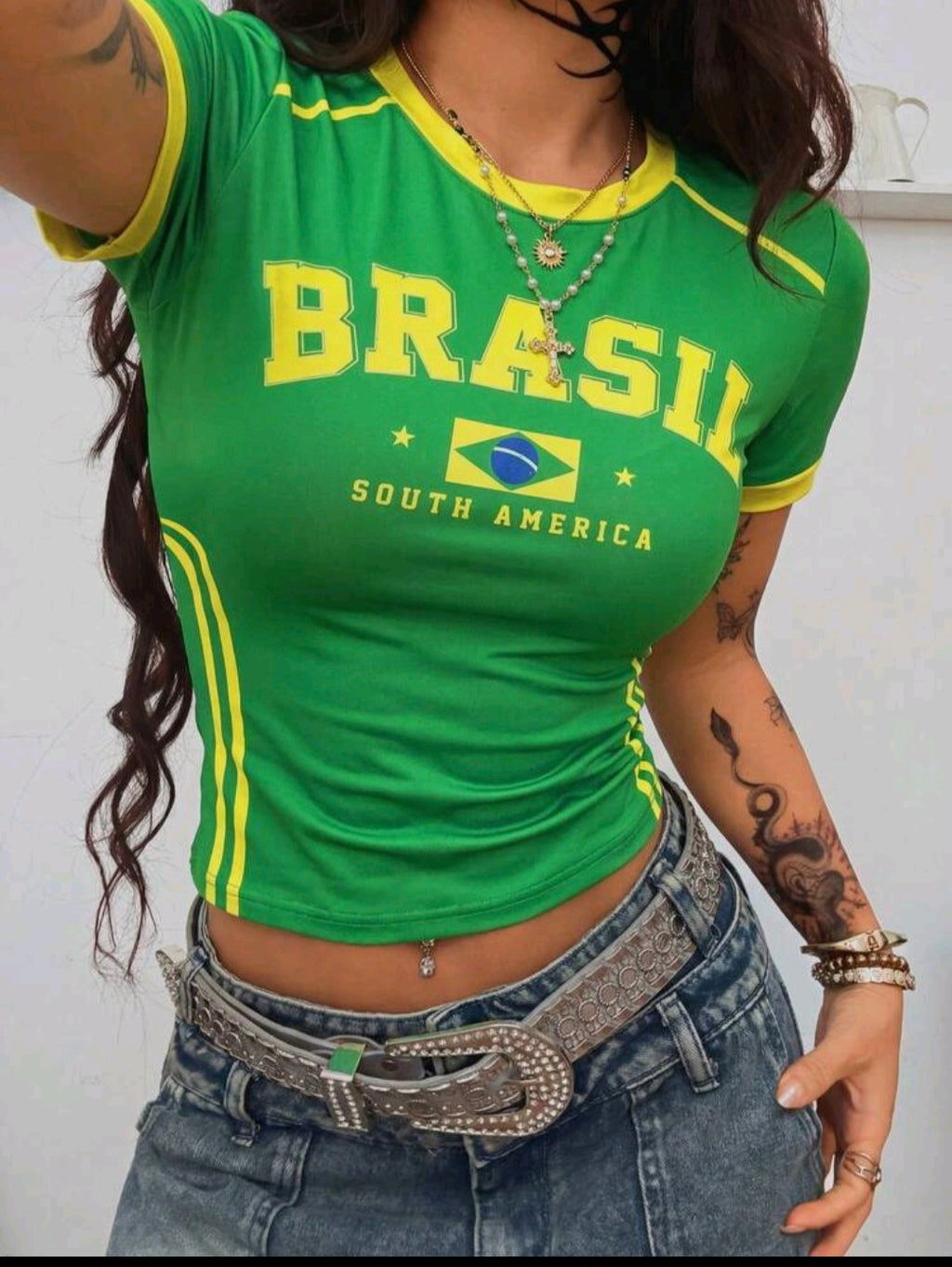 Brazil Green And Yellow Crop Tee UK-20