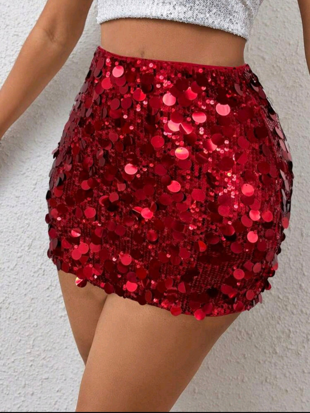 Red, Sequin Bodycon Mini Skirt UK-16