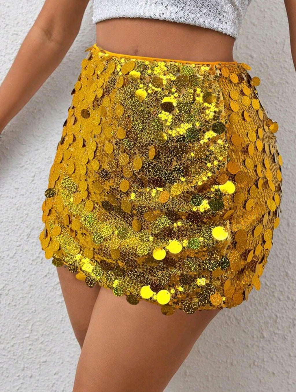 Yellow, Sequin Bodycon Mini Skirt UK-16