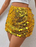 Yellow, Sequin Bodycon Mini Skirt UK-16