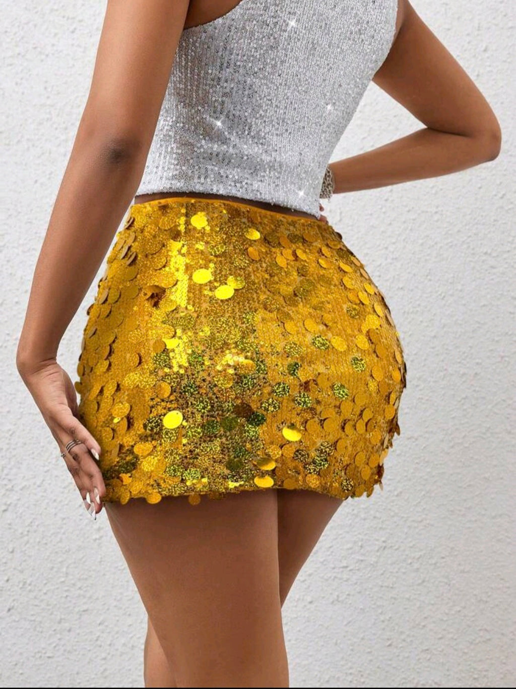 Yellow, Sequin Bodycon Mini Skirt UK-16