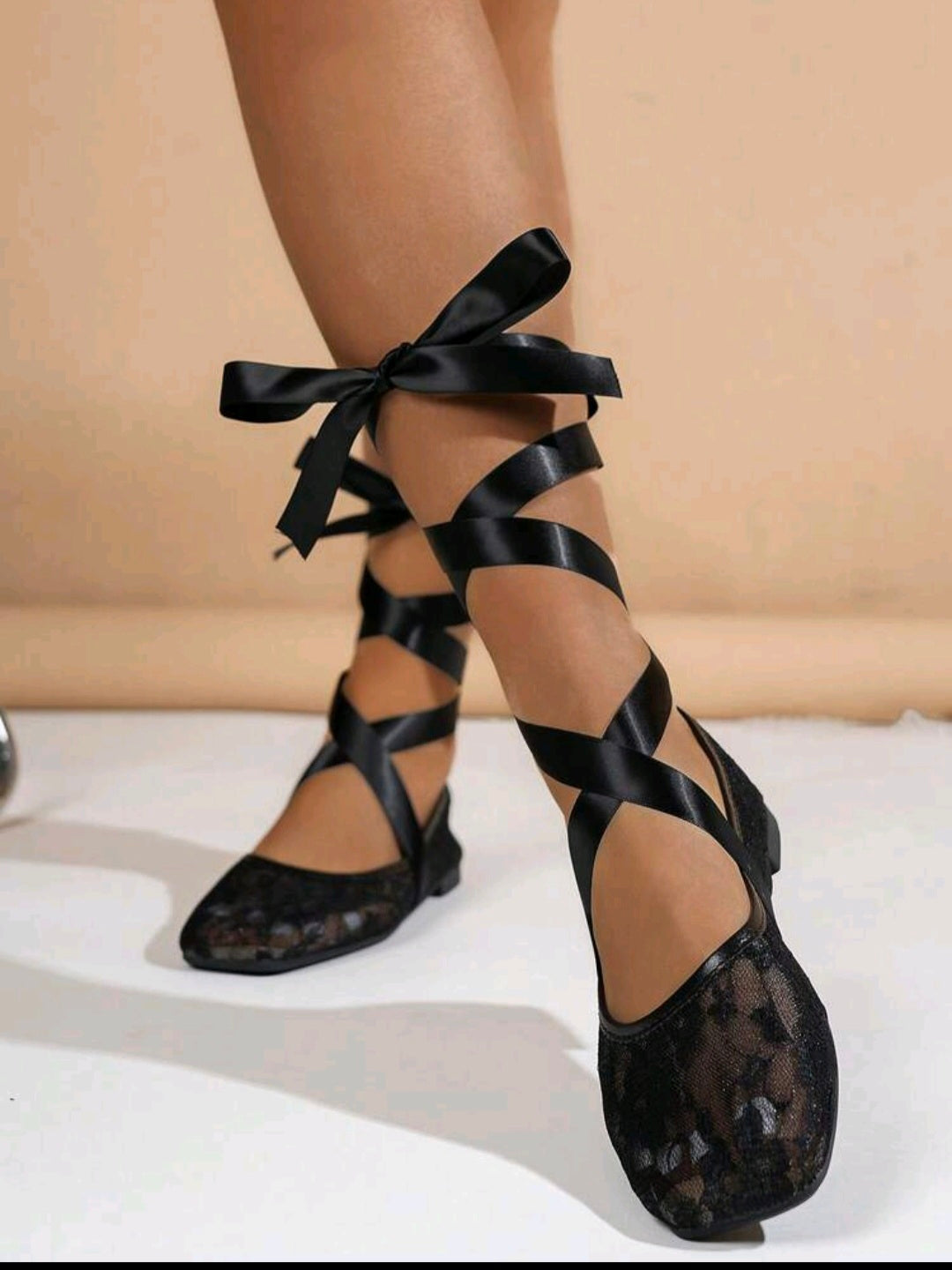 Black Lace Bow-Tie-Up Flat Shoes UK-7.5