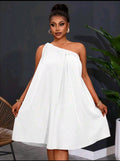 One Shoulder Sleeveless White Dress UK-16