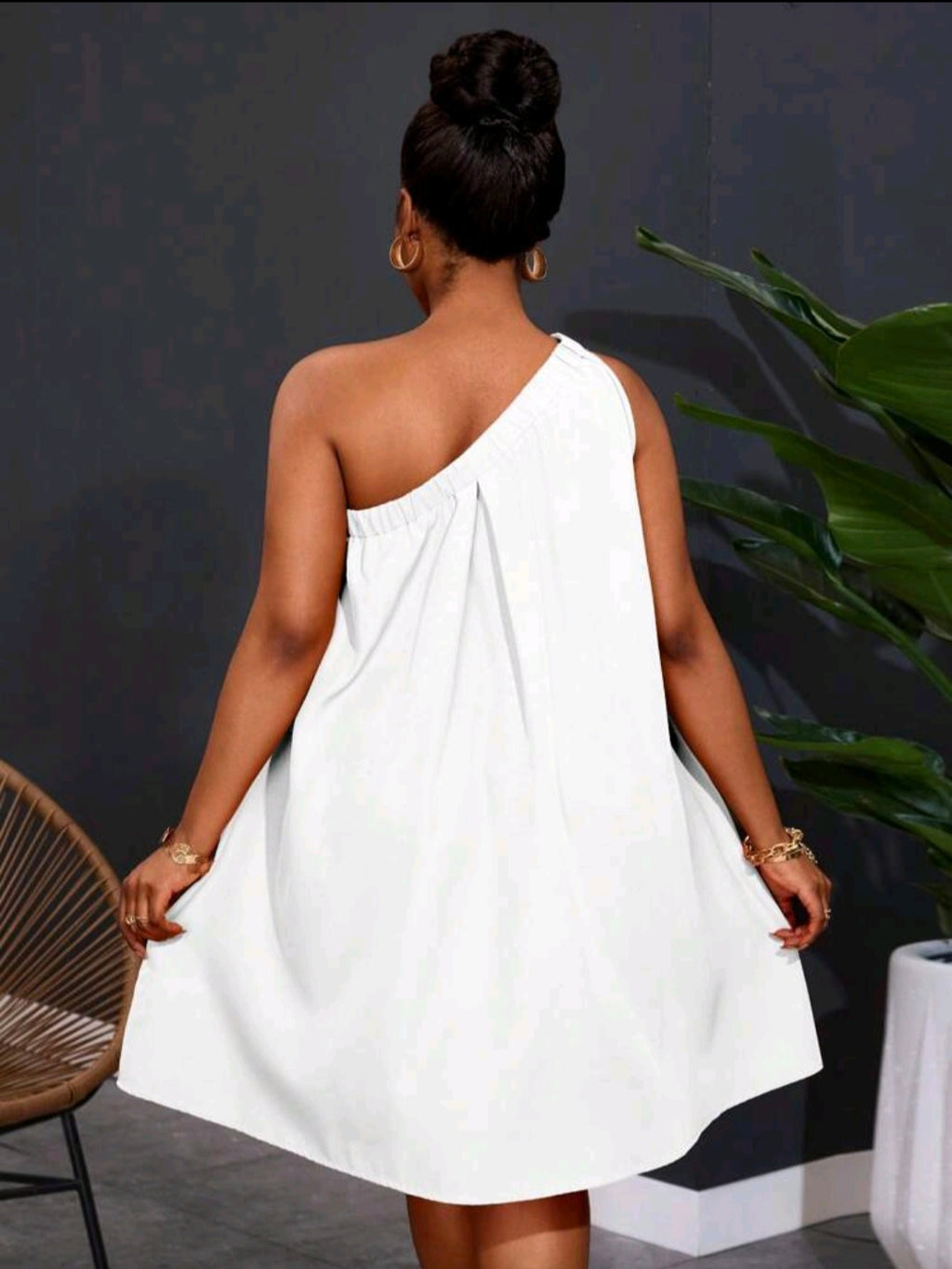 One Shoulder Sleeveless White Dress UK-16