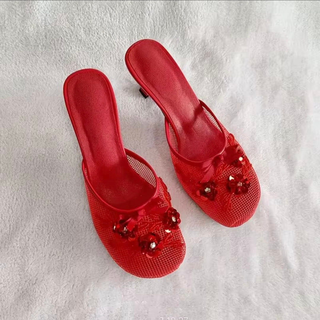 Red Mesh Flower Mules UK 5.5-6
