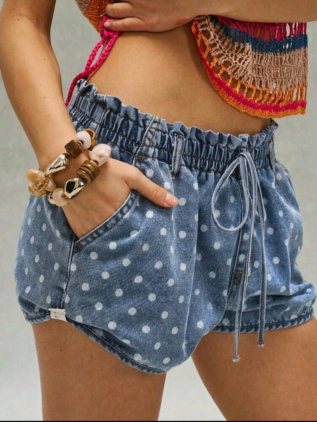 Tie Waist Polka Dot Denim Shorts UK 16