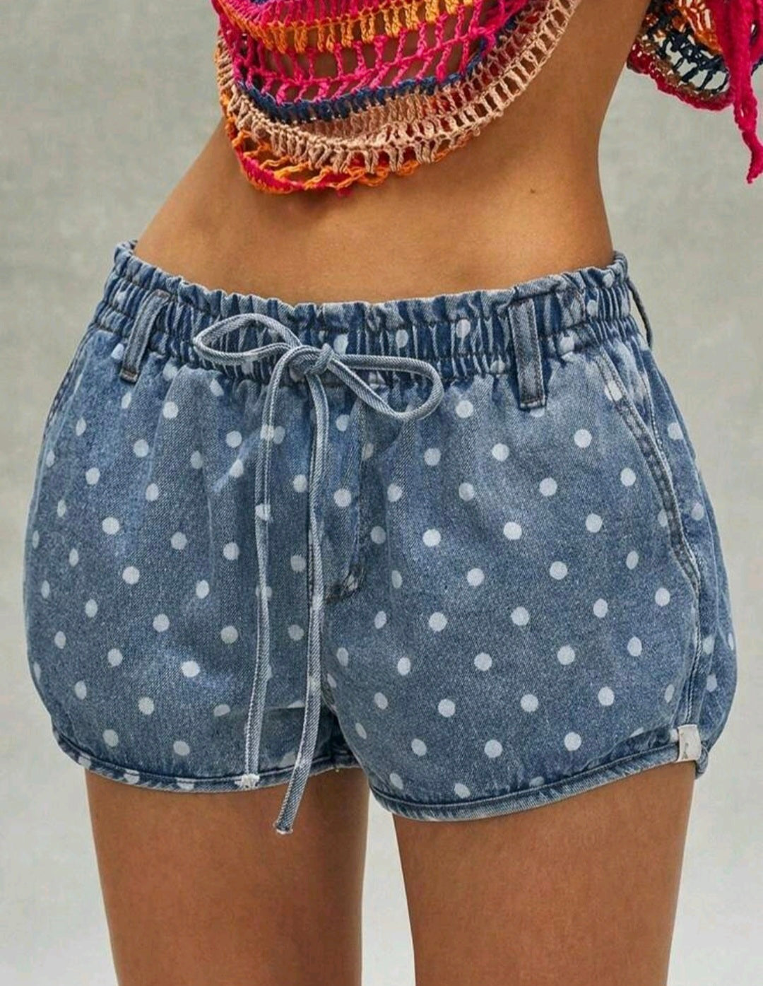 Tie Waist Polka Dot Denim Shorts UK 10