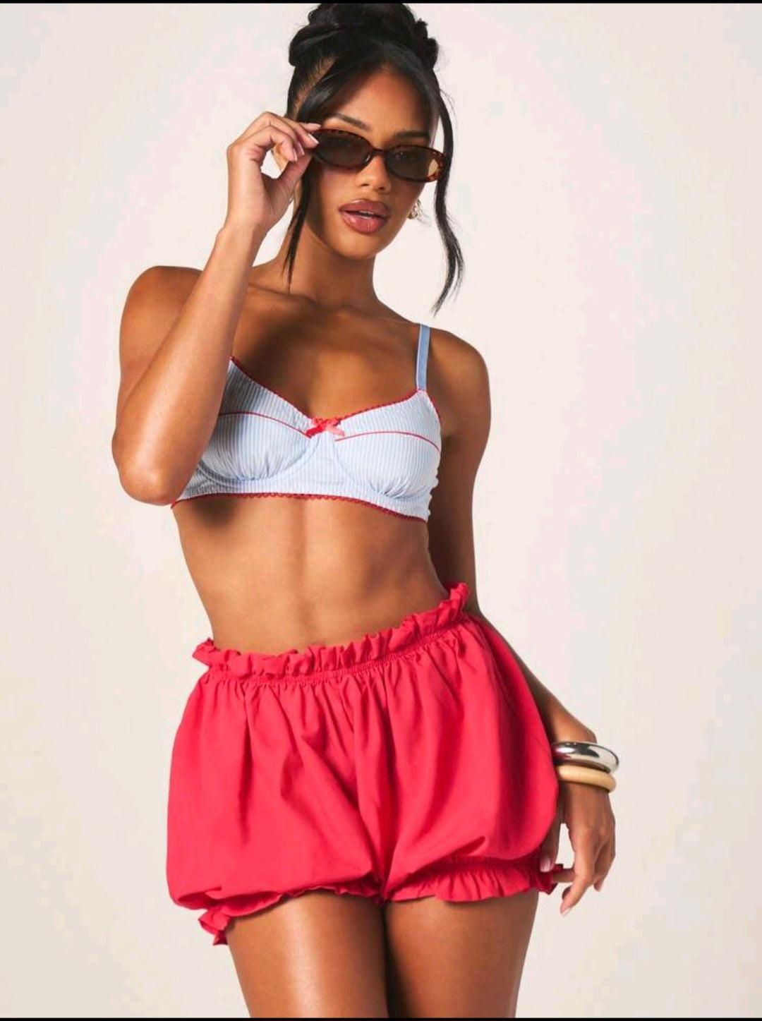 Red High Rise Ruffle Hem Shorts UK 12/14