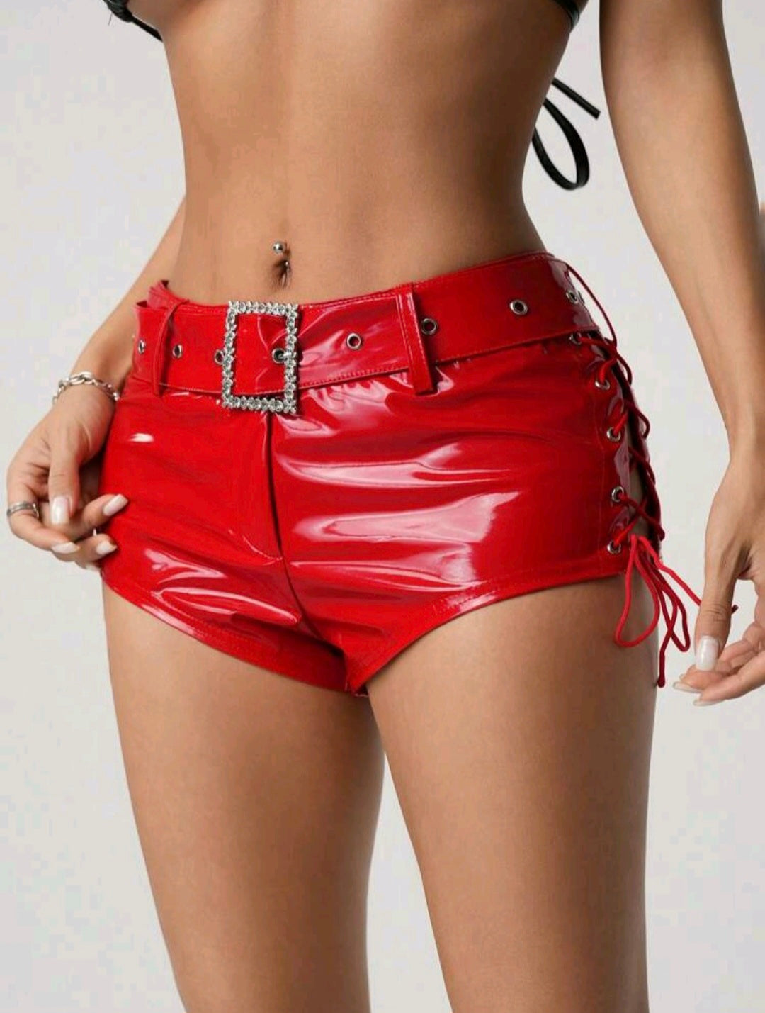 Red Shiny PU Tie Up Hot Pants UK 8