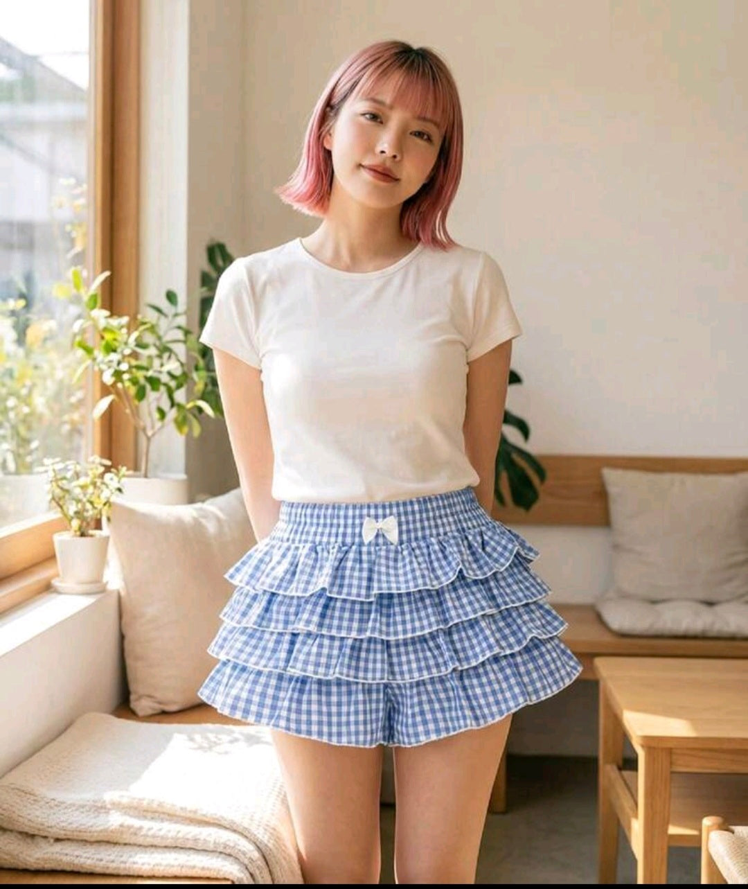 Plaid Blue and White Ruffled Shorts UK 16