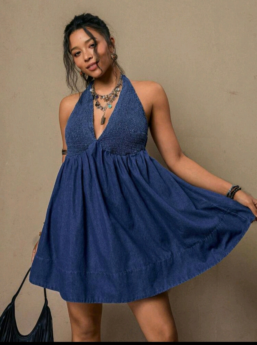 Navy Blue Denim Halter Dress UK-18