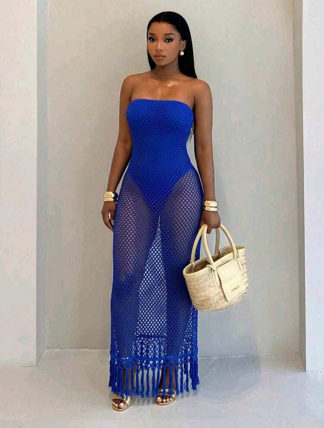 Royal Blue Strapless Crochet Jumpsuit Dress UK 10