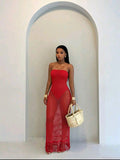 Red Strapless Crochet Jumpsuit Dress UK 10