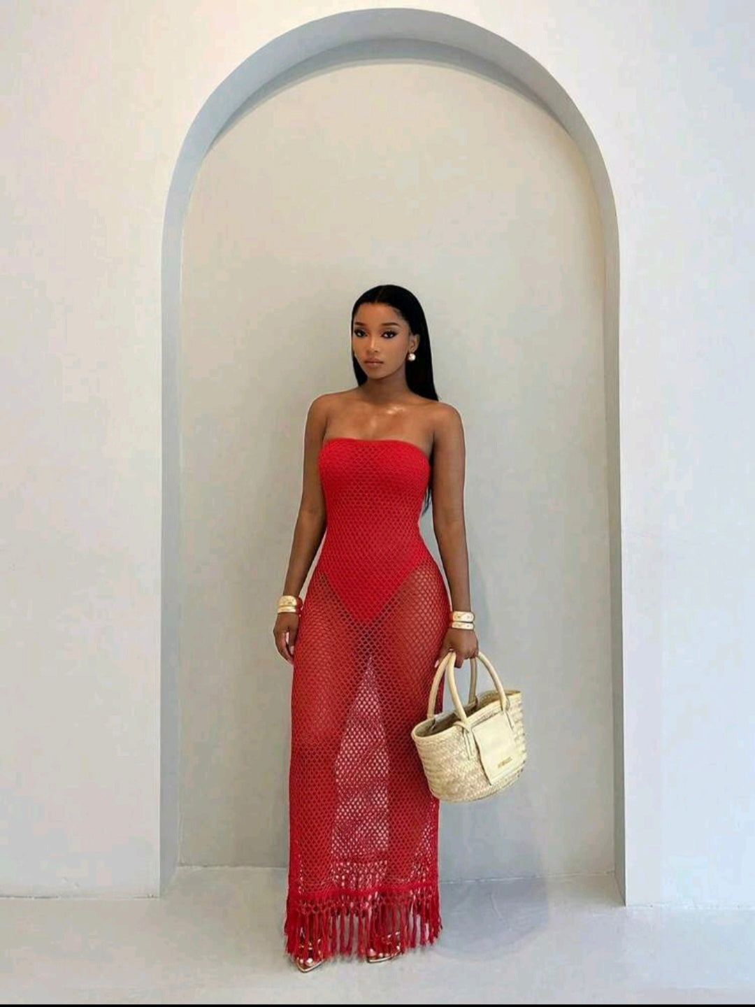Red Strapless Crochet Jumpsuit Dress UK 10