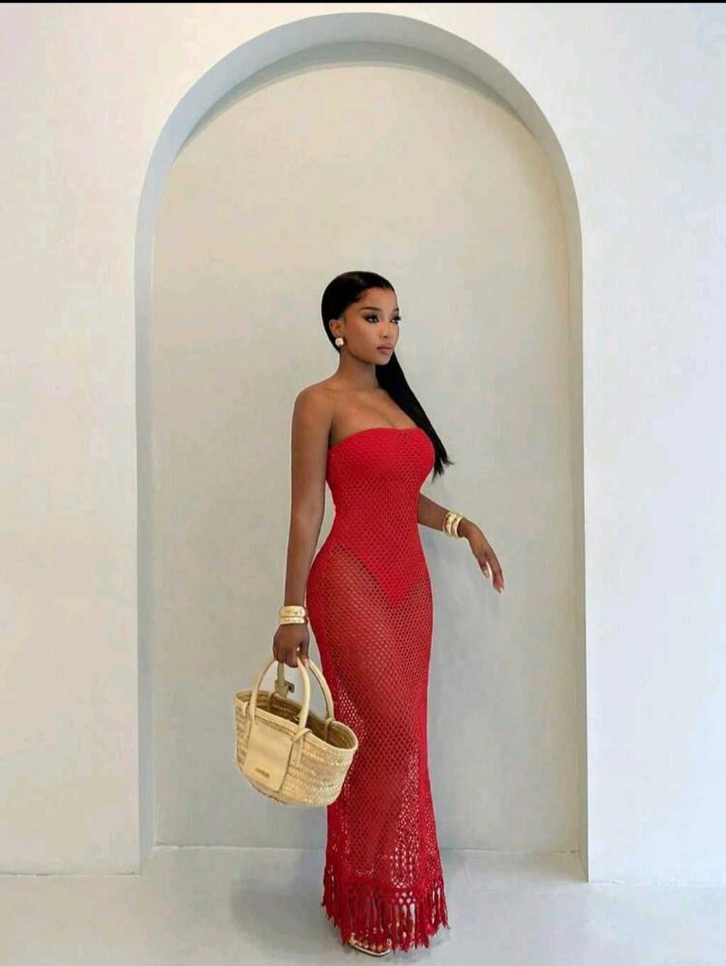 Red Strapless Crochet Jumpsuit Dress UK 10