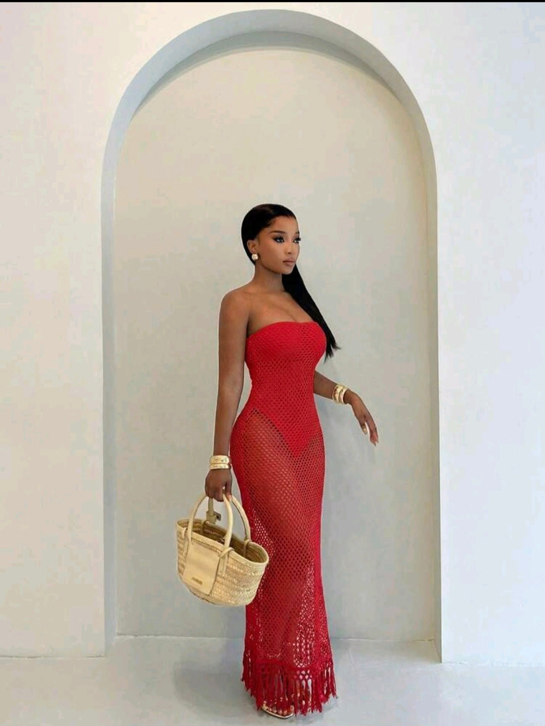 Red Strapless Crochet Jumpsuit Dress UK 10