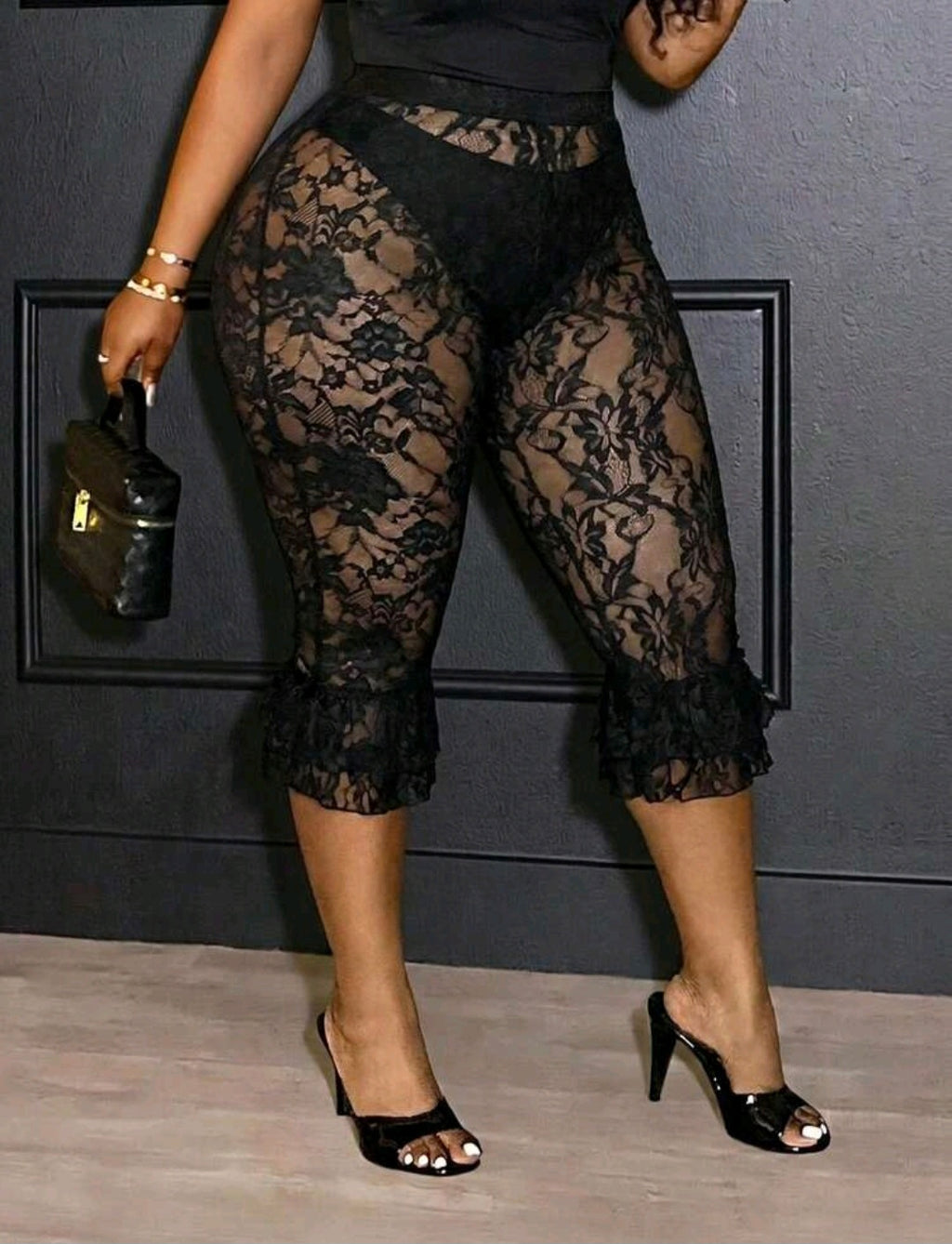 Black Lace Capri Leggings UK-16