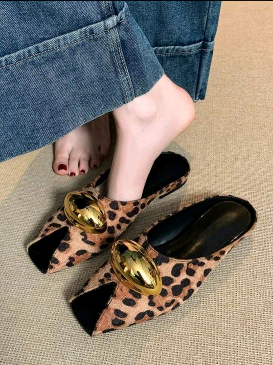 Animal Print Suede Peep Toe Flat Mules UK 7.5