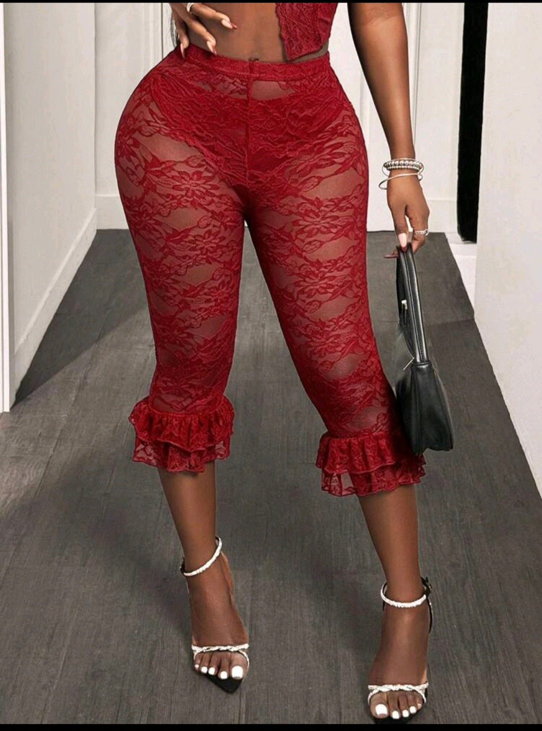 Red Lace Capri Leggings UK-8