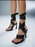 Black Vegan Leather Studded Sandals UK-6