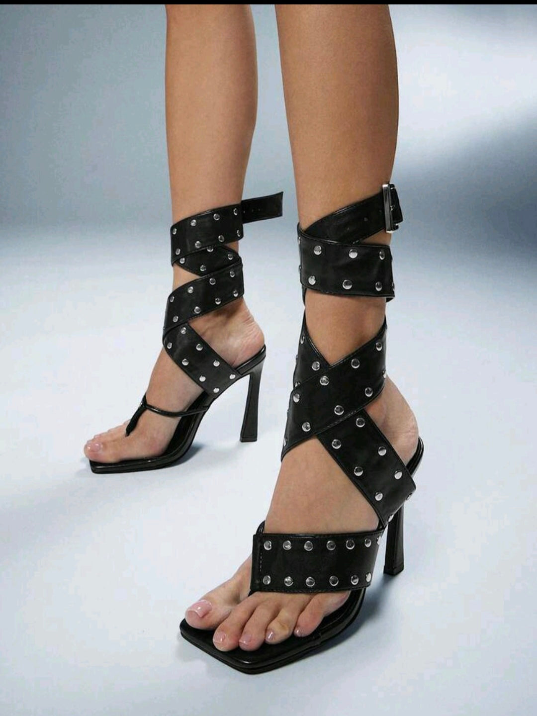 Black Vegan Leather Studded Sandals UK-6