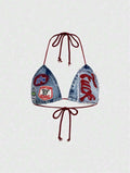 Denim Vintage Slogan Bralet UK-8