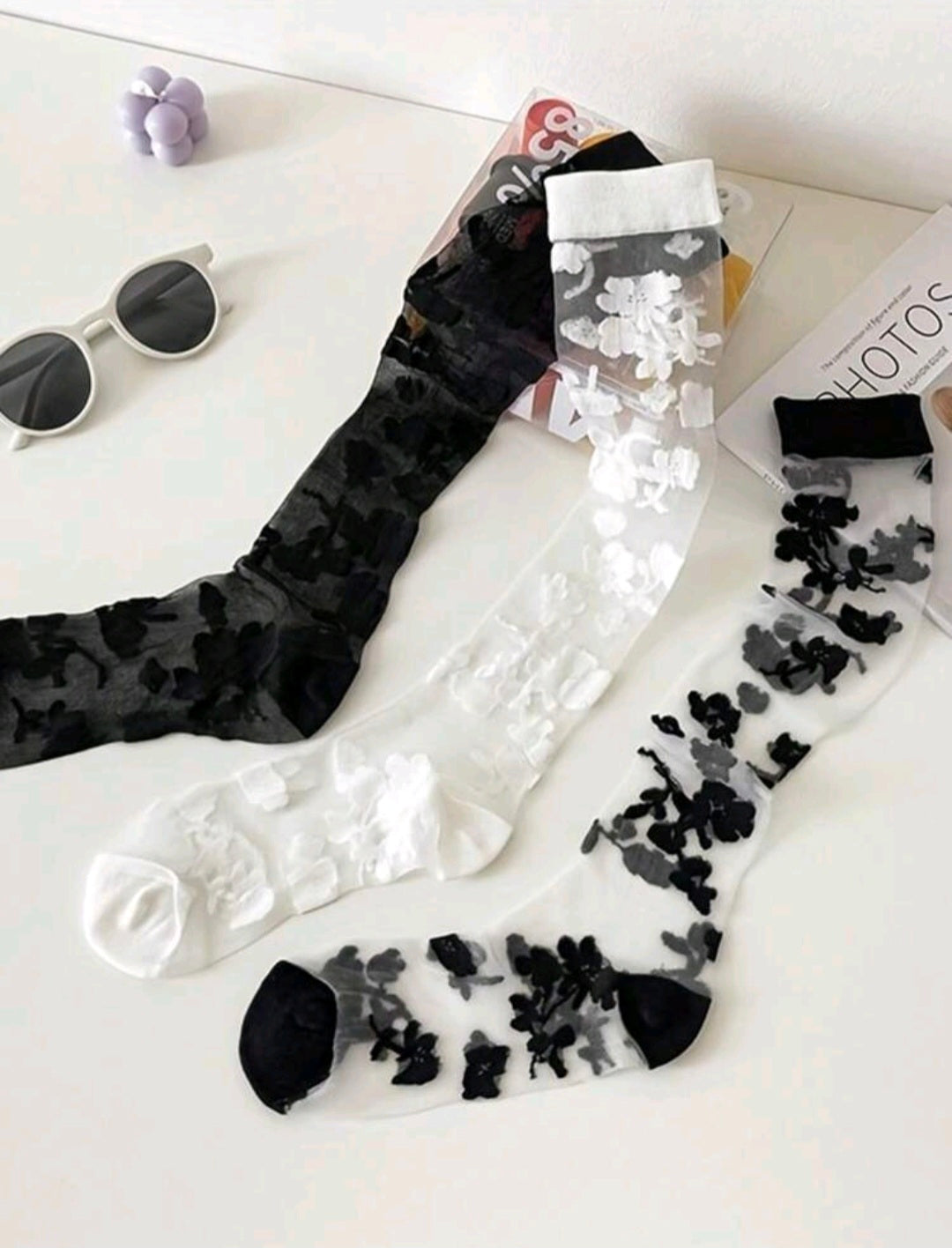 3 Pairs Of Lace Floral Mesh Socks  36-39