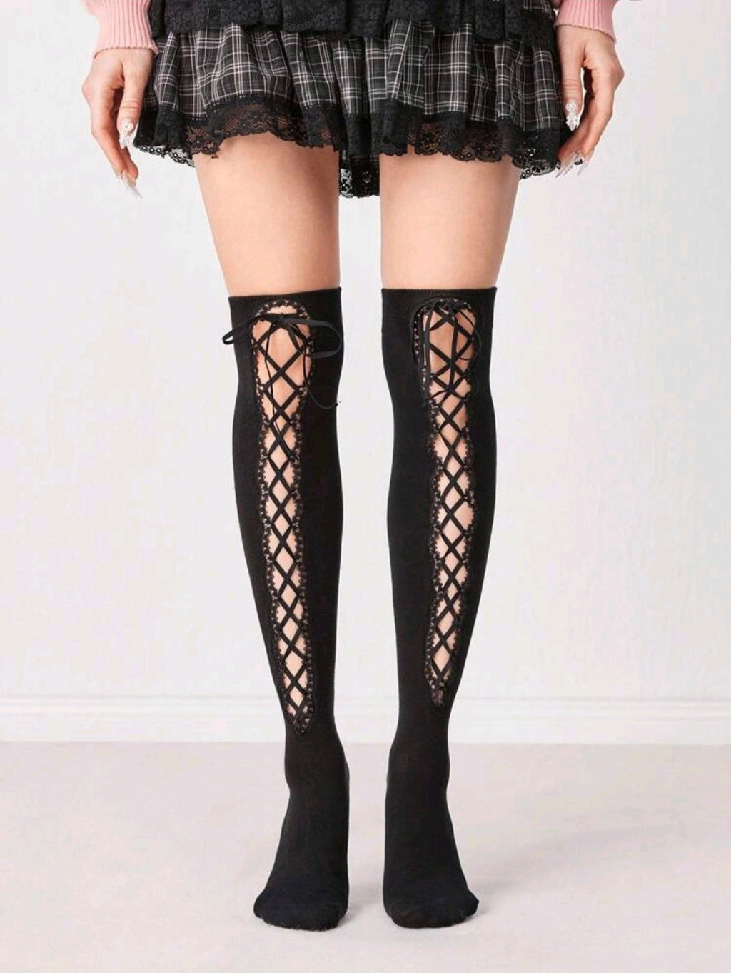 Black Gothic Lace Trim Over The Knee Socks