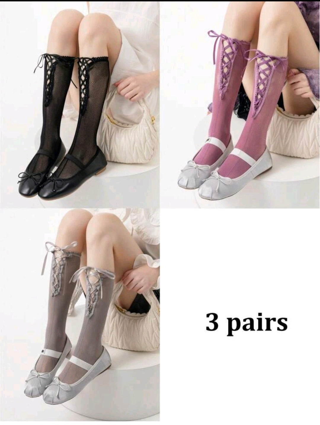 3 Pairs Of Knee High Ballet Style Socks A