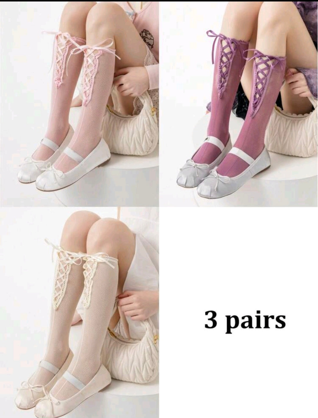3 Pairs Of Knee High Ballet Style Socks B